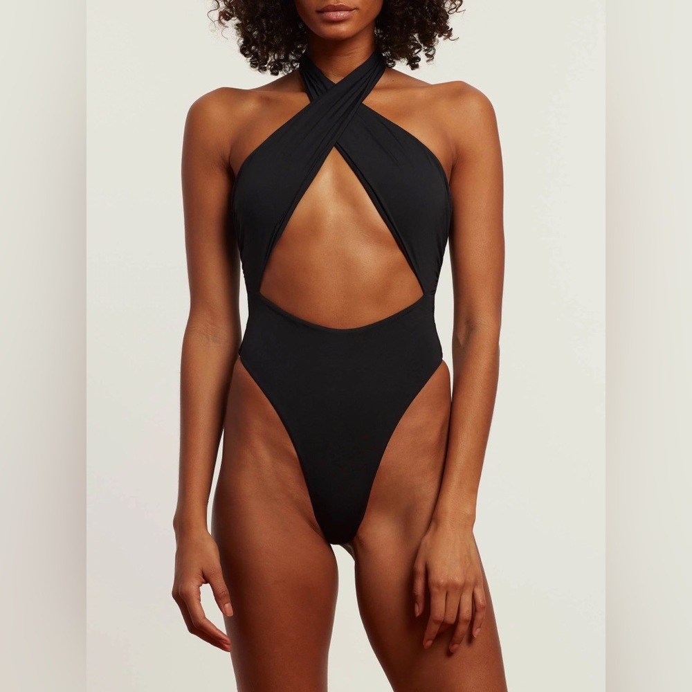 INAMORATA Beacons Sexy Halter Cut-Out One Piece Swimsuit in BLACK, size S